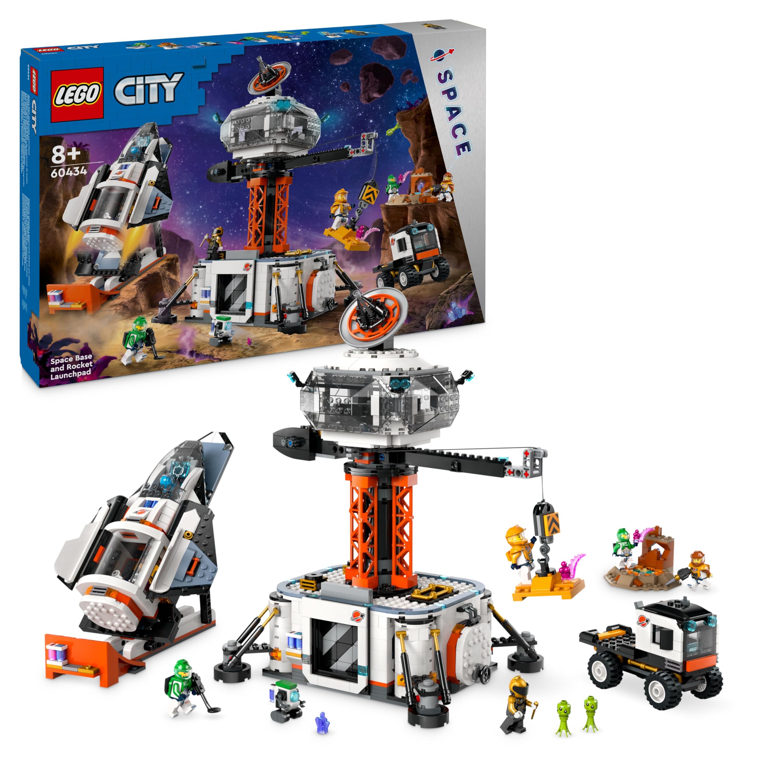 City Space Base and Rocket Launchpad Set, Toy for 8 Plus Year Old Boys & Girls, Featuring a Spaceship, 6 Minifigures, Robot and 2 Alien Figures, Gifts for Kids Who Love Cool Toys 60434