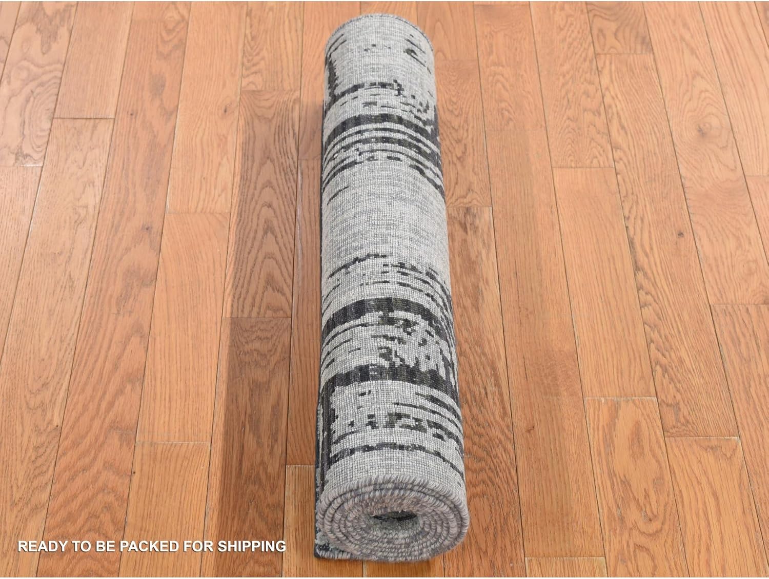 Cloud Gray The Cane Design Pure Silk with Textured Wool Hand Knotted Runner Oriental Rug (2'7"x8')