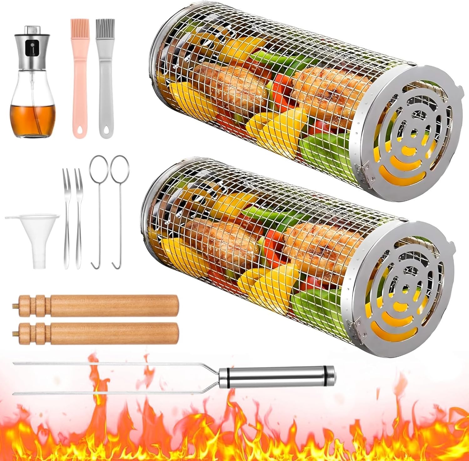 2 Pack Bbq Rolling Grilling Baskets, Stainless Steel Cylinder Mesh Grill Baskets For Outdoor Bbq And Campfire
