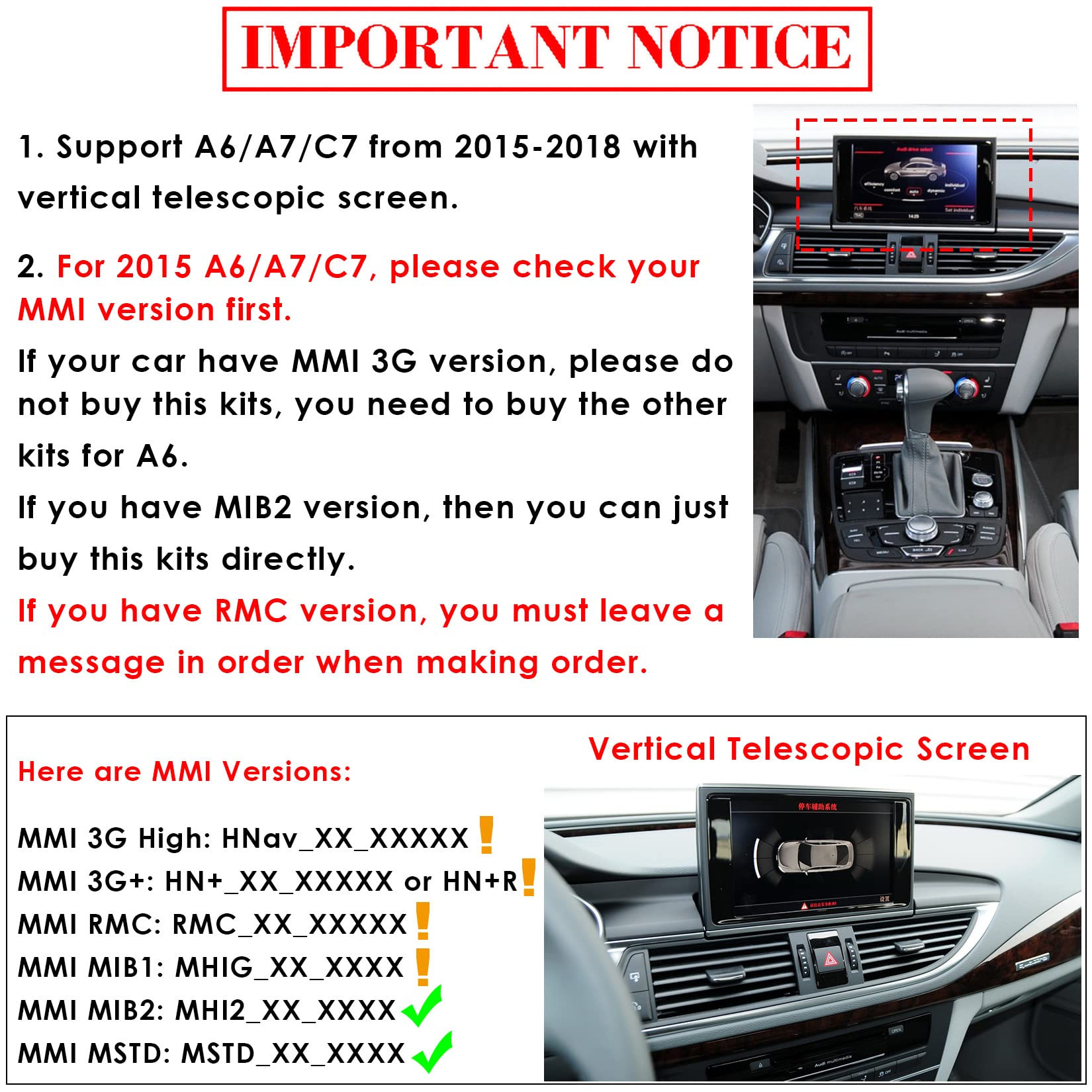 Compatible with Audi 2015-2018 A6 A7 C7 with Telescopic Screen & MIB2+ Version Wireless CarPlay Android Auto Mirrorig Retrofit Kit, Support USB Plays, HDMI, Built-in YouTue App