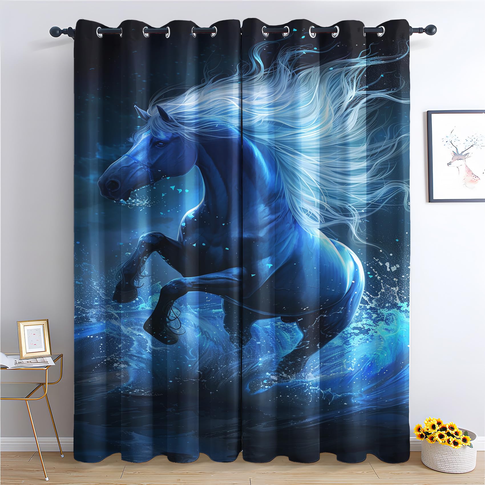 Horse Blackout Curtains for Bedroom - Navy Blue Running Horse Galloping Horses Living Room Curtains 66x72 Eyelet - Soft Thermal Insulated Patterned Drapes for Windows - 2 Panels