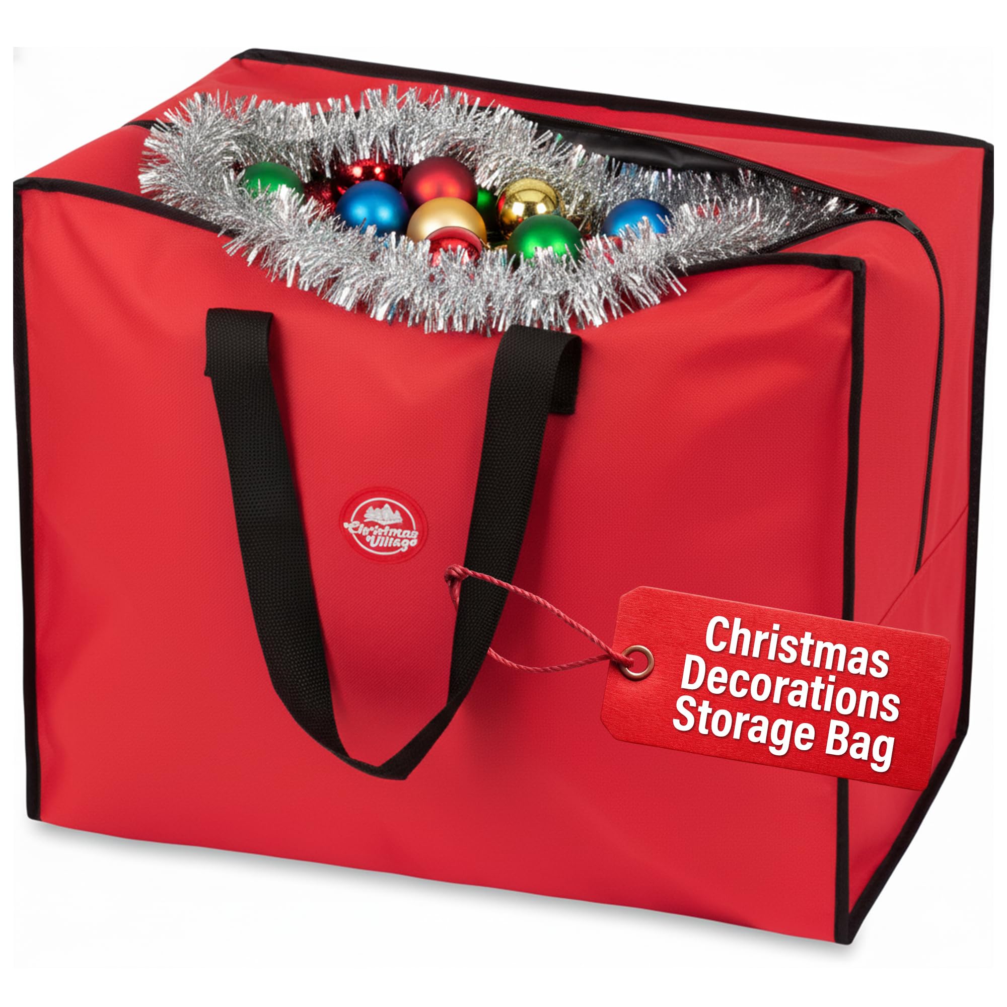 Christmas Village Premium Christmas Decoration Storage Bag - Durable Christmas Storage Bag with Double Zipped & Handles for Wreath, Baubles, Lights, Tinsel (Red, Decoration Storage)