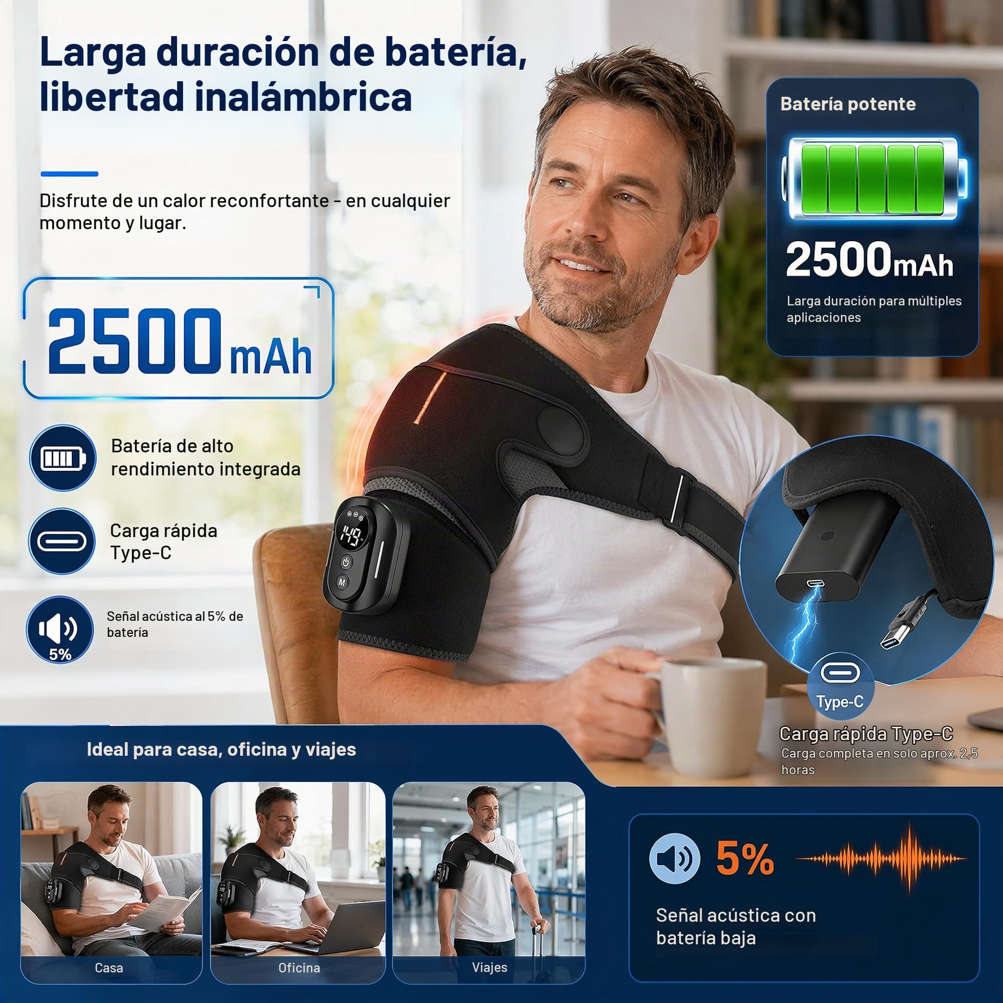 Masajeador de hombro 3 en 1 con mando a distancia, almohadilla térmica de hombro con 5 niveles de calor y 5 modos de vibración, batería de 5000 mAh, vendaje de hombro recargable con temporizador para