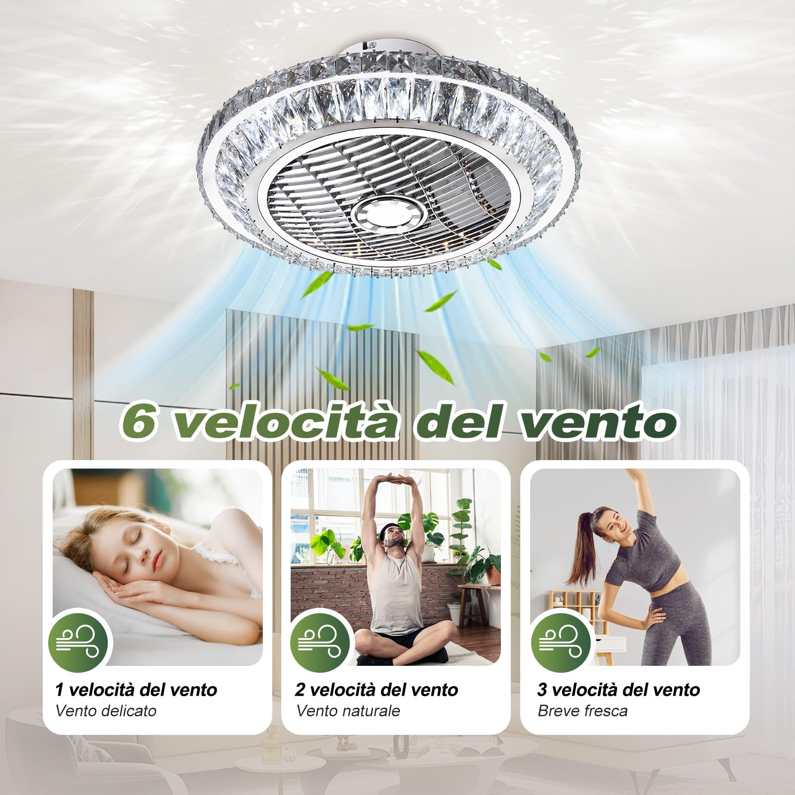 Crystal Ventilatori Da Soffitto Con Lampada 72W LED Fan Plafoniera Invisibile 3 Velocità Con Telecomando Dimmerabile Decorazione D'interni Illuminazione Camera Da Letto Ristorante Fan Lampadario(A)