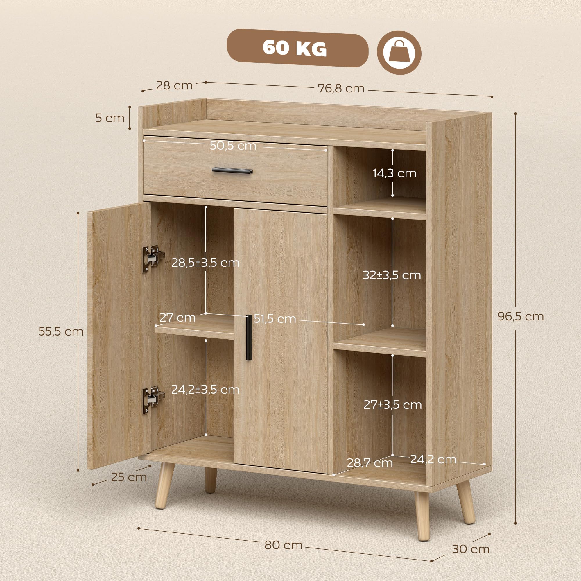 HOMCOM Aparador de Salón Moderno Mueble Auxiliar 80x30x96,5 cm Natural | 2 Puertas, 1 Cajón, 3 Estantes Abiertos, Almacenaje, para Cocina Dormitorio Entrada, Antivuelco