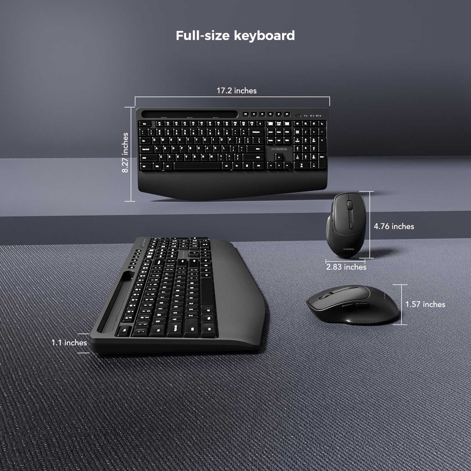 KYSONA Tastiera wireless e mouse, tastiera senza fili di dimensioni standard con poggiapolsi, supporto per iPad, 2,4 G, 3 DPI, mouse ottico regolabile per computer/laptop/PC/MAC/Windows, nero