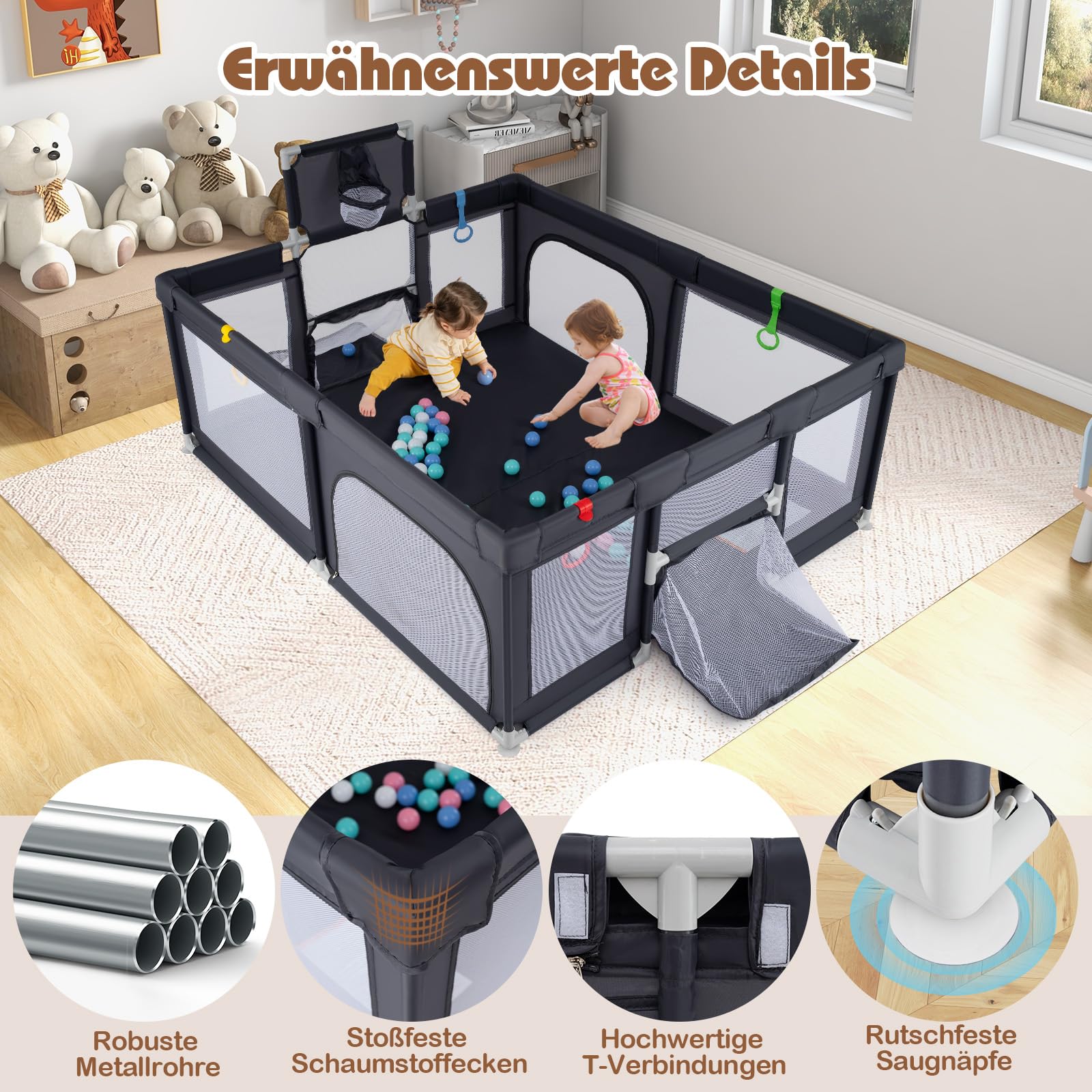 COSTWAY 188 x 157cm Laufstall Baby Faltbar, Laufgitter mit Basketballkorb, Fußballnetzen, 50 Ozeanbällen & Griffen, Krabbelgitter mit atmungsaktivem Netz, Tragetasche (Dunkelgrau)