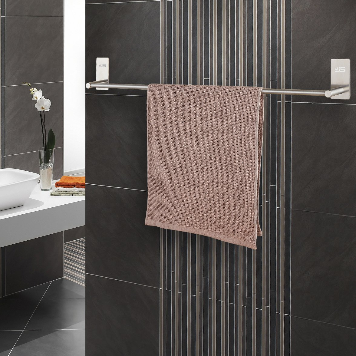 JS Barre Porte-Serviettes Auto-Adhesif en Acier Inoxydable Brosse pour Salle de Bain, 55 cm, Chambre a Coucher, Cuisine - Argente