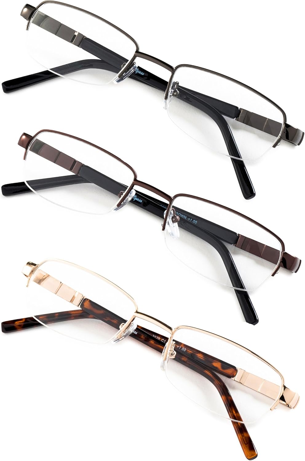 Specs Mens Half Rimmed Reading Glasses, Value Pack, All Magnification Strengths