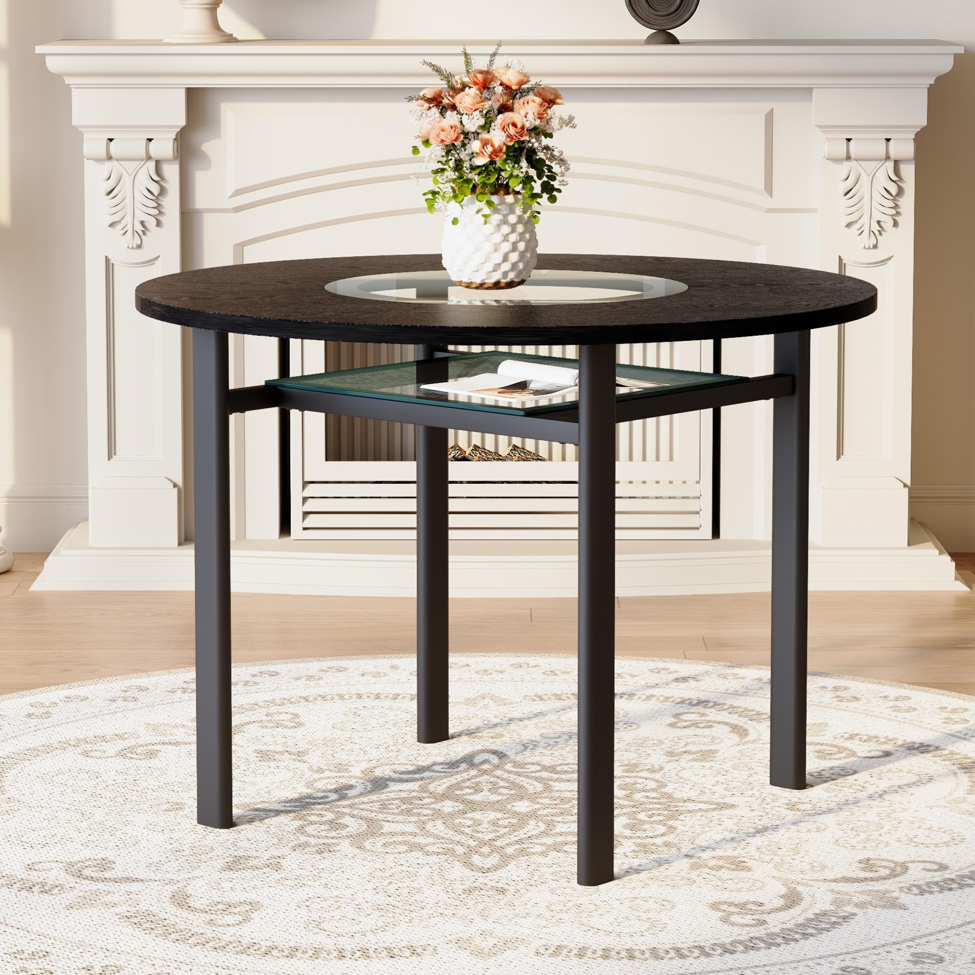 Mesa de Comedor Redonda de MDF y Cristal, Salón y Cocina, Negro, 100 cm