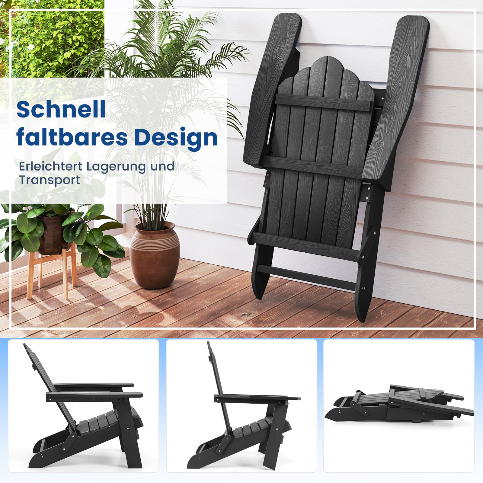 COSTWAY Adirondack krzesło składane, odporne na warunki atmosferyczne Adirondack Chair z tworzywa sztucznego, krzesło ogrodowe z wysokim oparciem i szerokimi podłokietnikami, do ogrodu, na taras,
