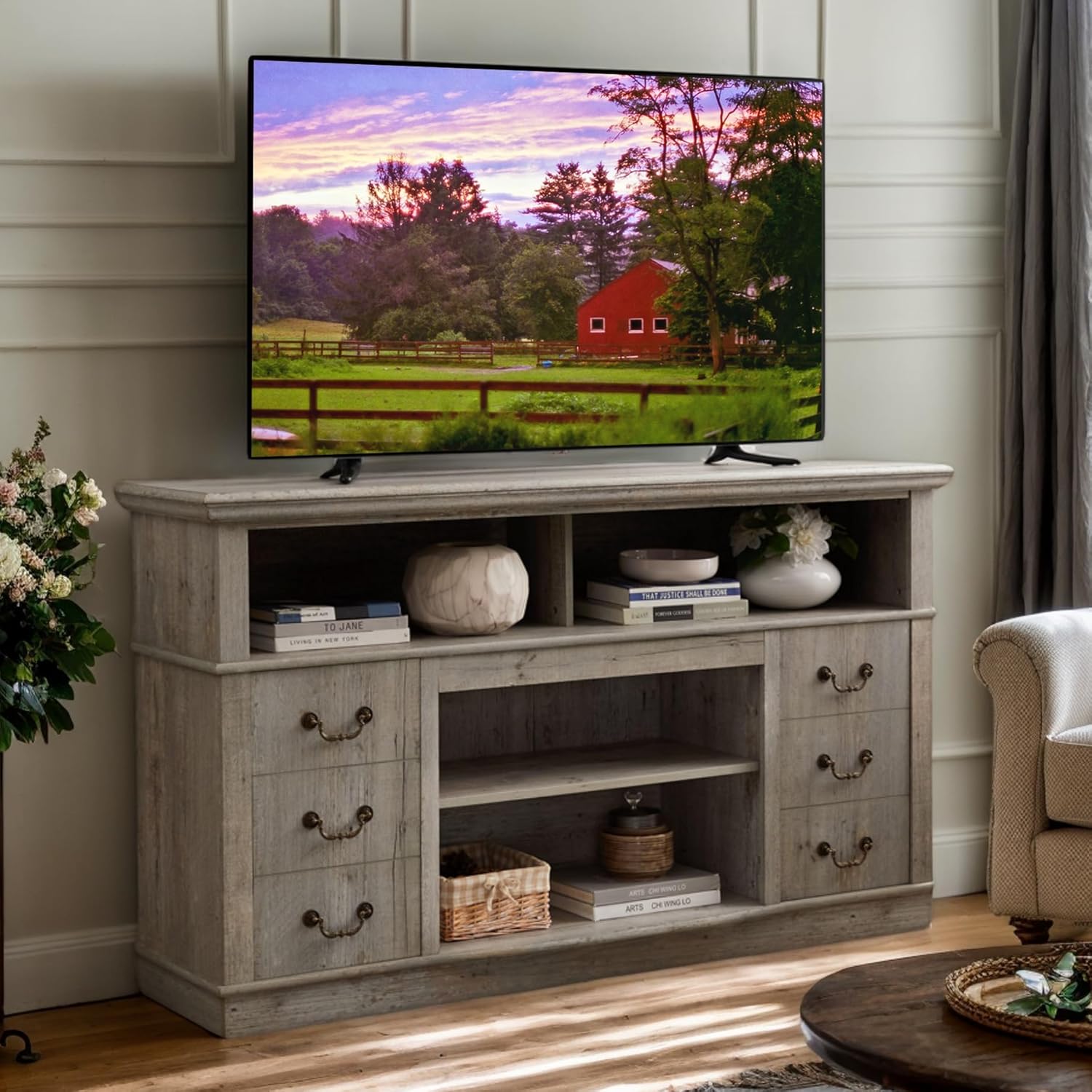 Modern TV Stand with Metal Handle, 60" W Entertainment Center for TVs up to 65", Large Home Media Console Table for Living Room (Mental Handle, Light Grey)