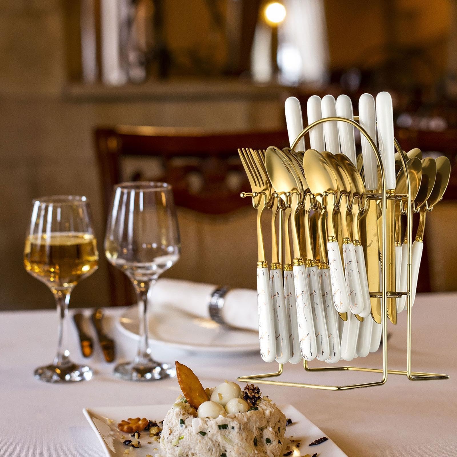 25 Piezas Vajilla de Cubiertos Acero Inoxidable Cerámica Ergonómica Pulido Soporte Colgante para Cenas Fiestas Y Hogar, Oro Blanco, Individual