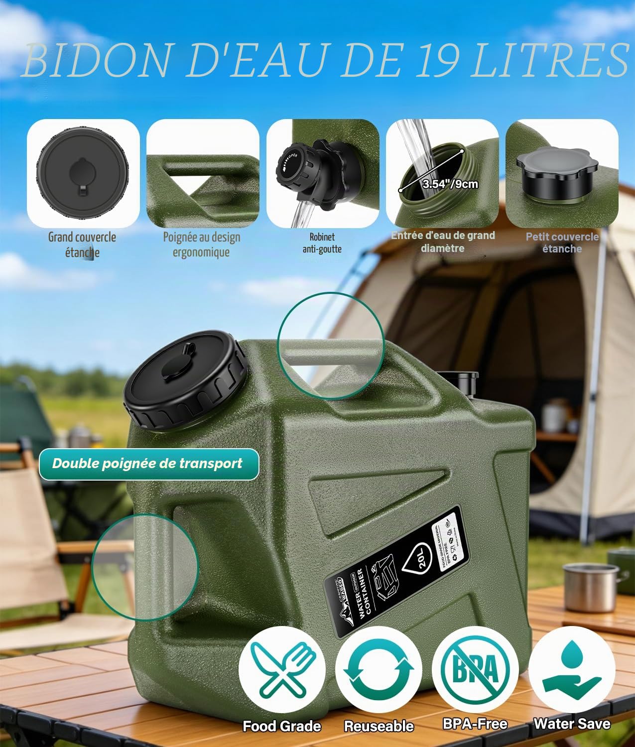 WADEO Douche de Camping Portable – Réservoir d’Eau 20 L, Pompe Rechargeable 5 Vitesses, Écran LED, IPX8 – Kit Extérieur pour Camping, Randonnée, Voyage, Lavage Auto, Bain Animal, Plage