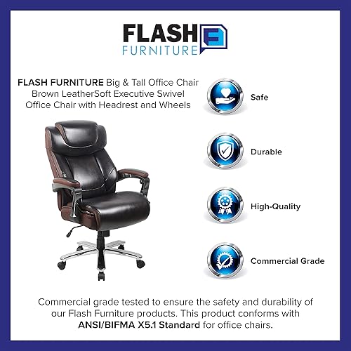 Miniatura 3 de Flash Furniture Silla de oficina grande y alta  Silla de oficina giratoria ejecutiva LeatherSoft marrón con reposacabezas y ruedas