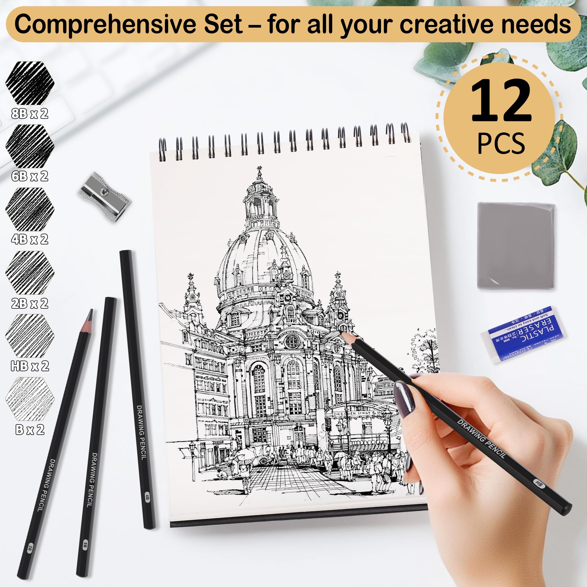 DazSpirit Cuaderno de Dibujo A4, Sketchbook con Tapa Dura y Papel Grueso 200g/m², 12 Lápices de Dibujo & Gomas, Bloc de Dibujo Espiral, 50 Hojas/100 Páginas, Perfecto para Lápices, Carbón, Pasteles