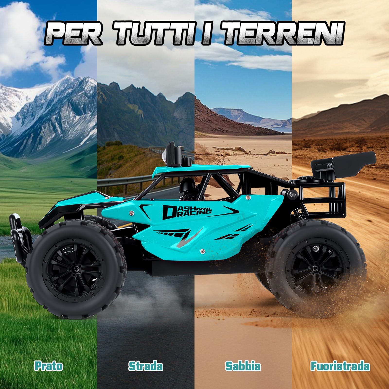 Joellfuner Macchina Telecomandata per Bambini, 2.4Ghz 1:16 Macchina Radiocomandata con Luce LED Quattro Colori, 20KM/H Monster Truck Telecomandato con marce alte e basse per bambini 3+ anni (Ciano)