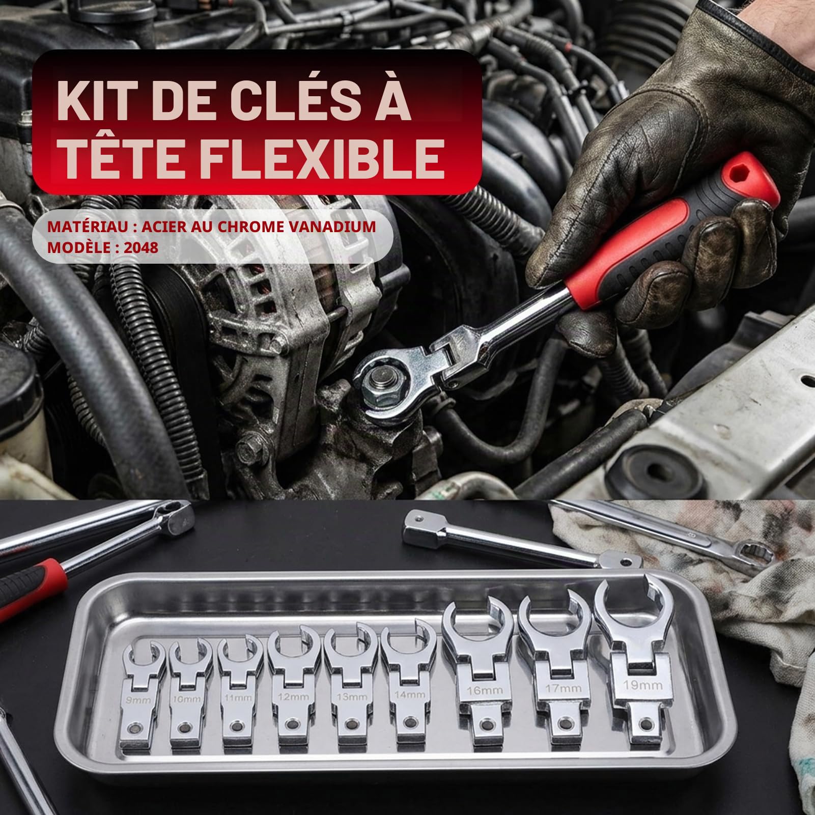 Jeu de Clés à Cliquet Articulées, Mixtes à Cliquet Tete Flexible, Lot de Clé Plate à Cliquet 8 pièces 9-19mm, en Acier au Chrome Vanadium avec Sac de Rangement