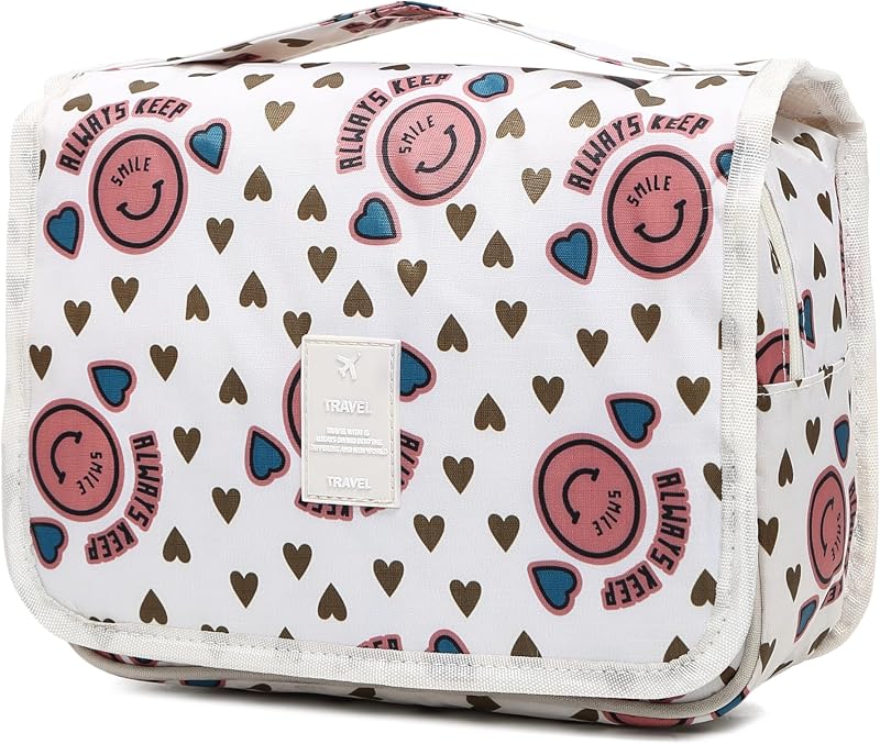 Necessaire Sechunk suspensa para viagem em poliéster, com gancho e bolsos, pinkSmile — 1 unidade