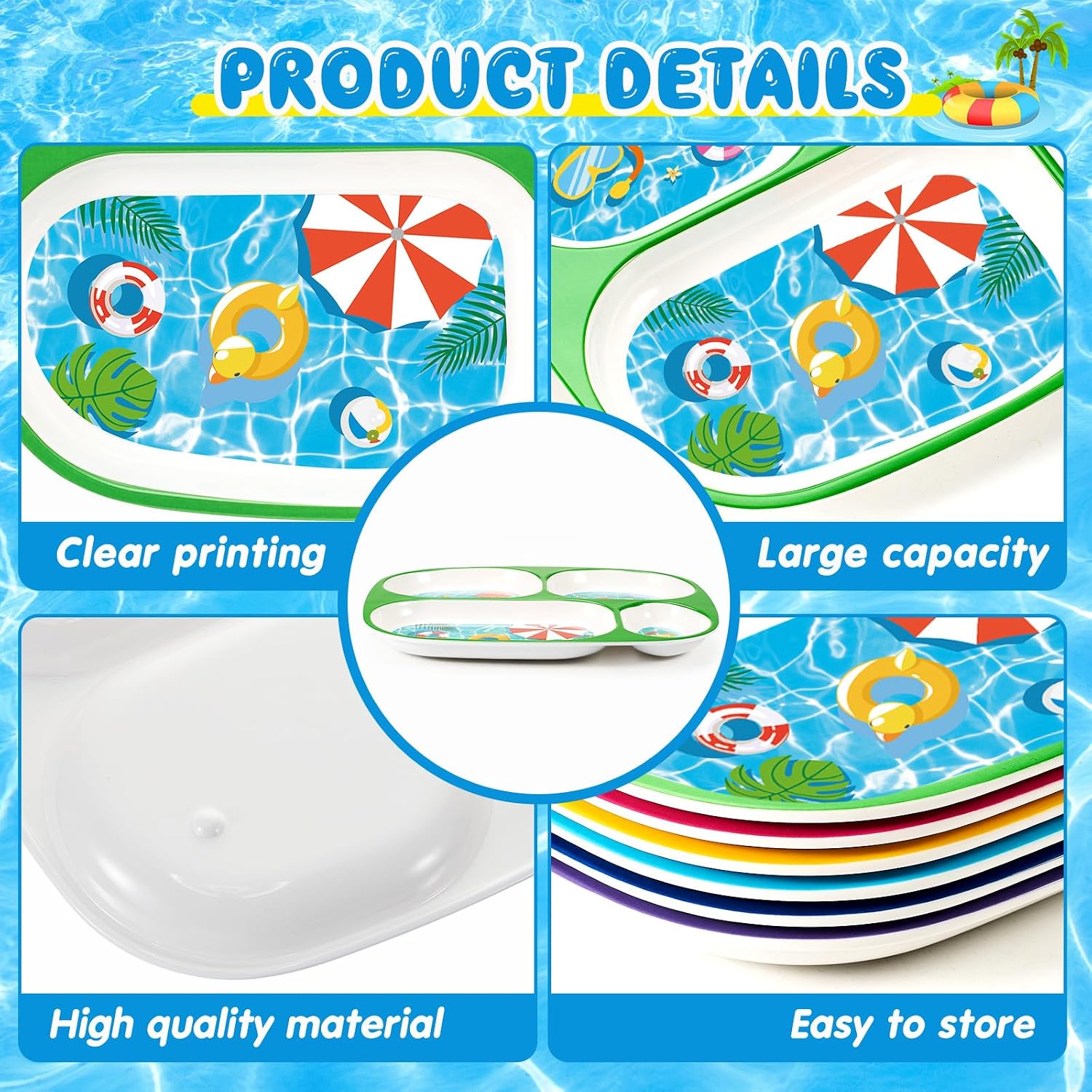 Hushee 6 Pcs 9.4 x 8.2 Inch Kids Plate for Dinner, Summer Ocean Theme Cute Dinnerware Set for Girls Boys Toddler, Plastic Funny Divided Plates Serving Dishes, Sea Pool Shark Mermaid Flamingo Beach