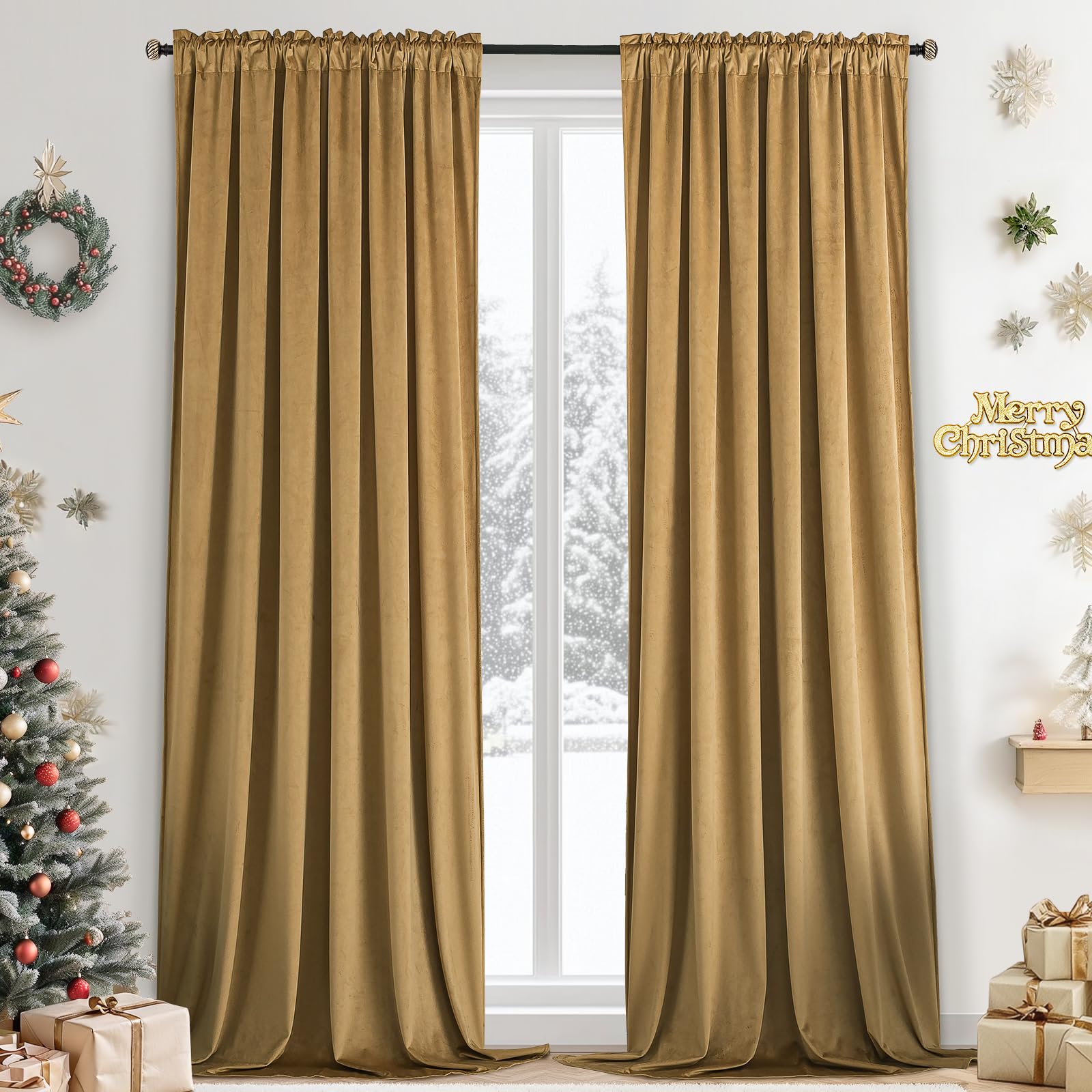 Yakamok Nursery Sunlight Velvet Curtains - Elegant Interior Decoration Large Window Blackout Velvet Drapes for Living Room, 52 x 90 Inches Long, Gold
