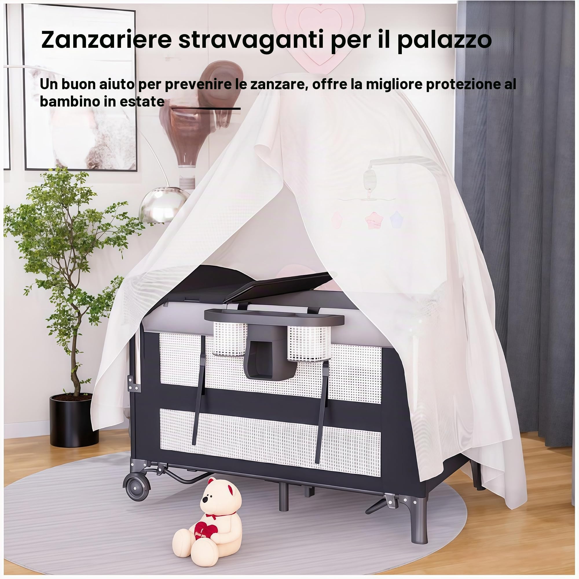 Lettino da Campeggio per Bambini, Lettino Culla Neonato da Campeggio, Pieghevole Portatile da Affiancare al Letto, Ampio Spazio per Giocare con Materasso e Fasciatoio (6602 Black with Net)
