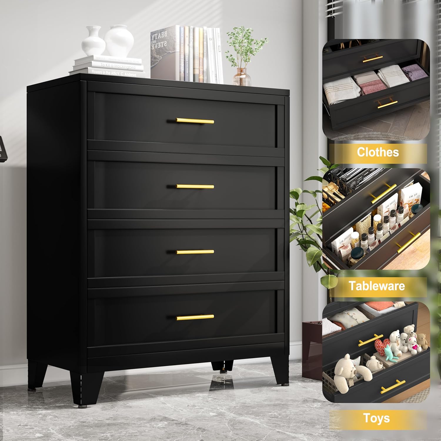 Metal Tall Dressers for Bedroom,Chest of Drawers Storage Cabinet with 4 Drawers，Wide Deep Dresser Drawers Cabinet Organizer Unit for Clothes, Bedroom, Living Room, Hallway, Entryway（Black）