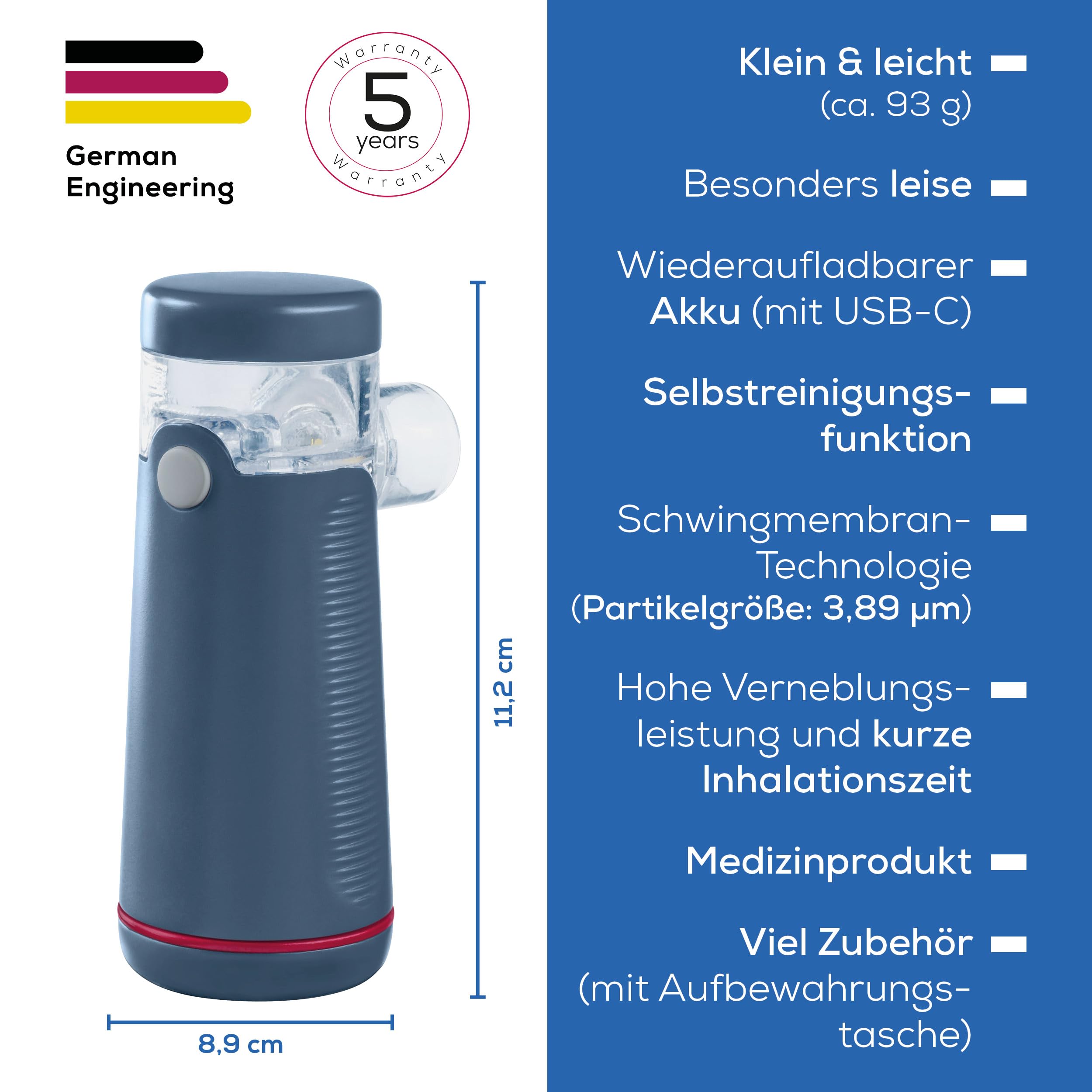 Beurer IH 49 Inhalator, tragbares Inhalationsgerät für Kinder und Erwachsene, bei Erkältung, Asthma und anderen Atemwegserkrankungen, wiederaufladbarer Akku, besonders leise, mit Aufbewahrungstasche