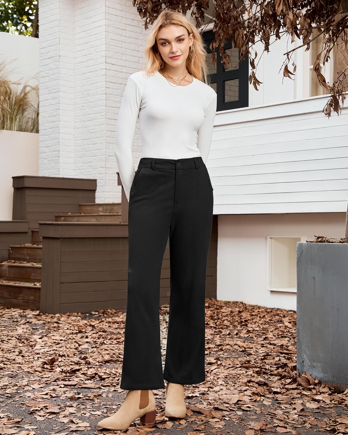 LookbookStore Corduroy Pants for Women High Waisted Wide Leg Elastic Waist Casual Work Pants Fall Trousers with Pockets - Image 4