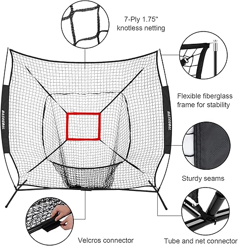Miniatura 2 de BaseGoal Red de práctica de sóftbol de béisbol de 7 x 7 pies, respaldo de béisbol, con camiseta de bateo, para golpear lanzar, batear, atrapar con