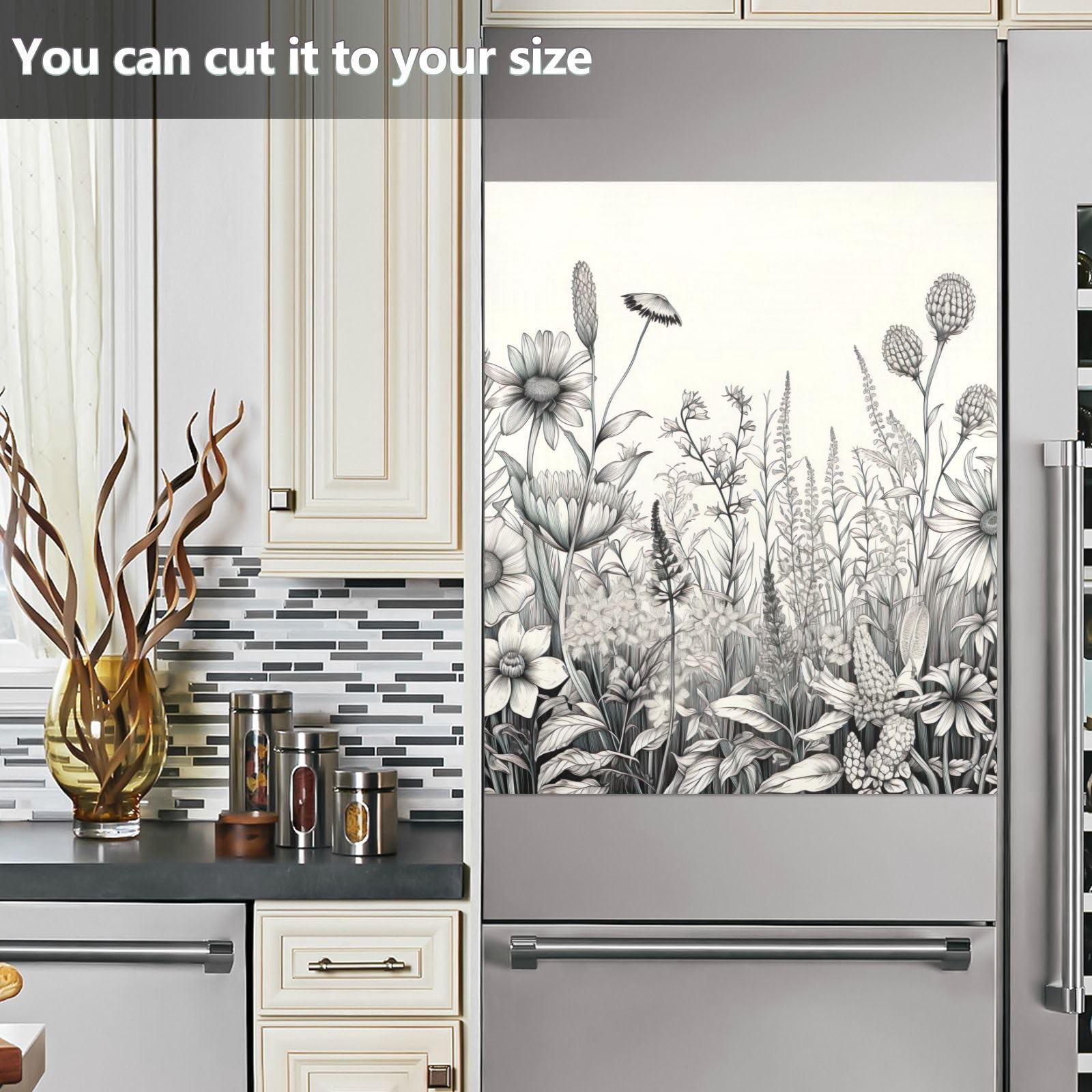 Kitchen Decor - Adesivo magnetico per lavastoviglie, motivo fiori selvatici bianchi e neri, decalcomania frontale per frigorifero, decorazione per elettrodomestici da cucina, 58,4 x 66 cm