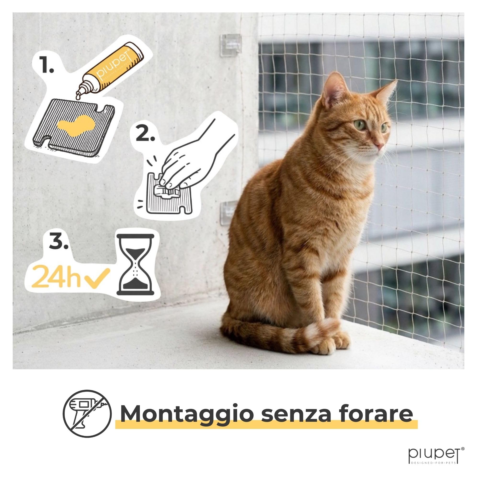 PiuPet® Ganci Adesivi per Rete per Gatti Senza forare | Fissaggio Rete Gatto per Balcone e Finestra | Ganci Trasparenti con Colla Silicone (60 Ganci + 80 ml di Colla)