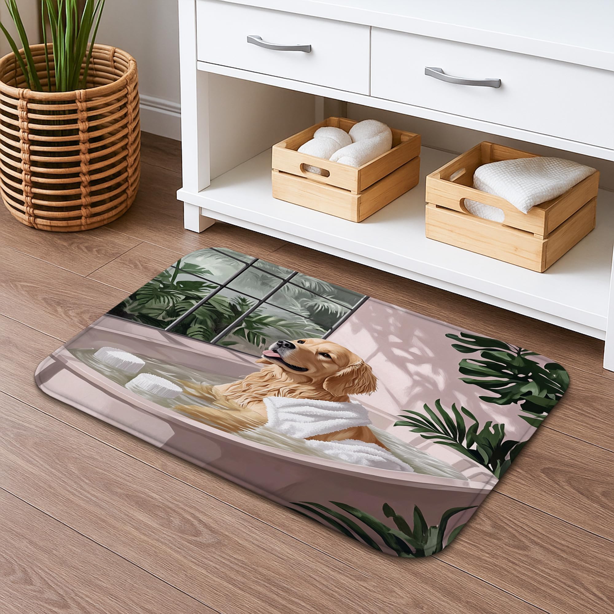 Golden Retriever Spa Bath Mat, Relaxed Dog in Bathtub Chic Art, Spring Summer Memory Foam Non Slip Bathroom Rugs, Cute Decorative Floor Mat for Home 20x32 Inch