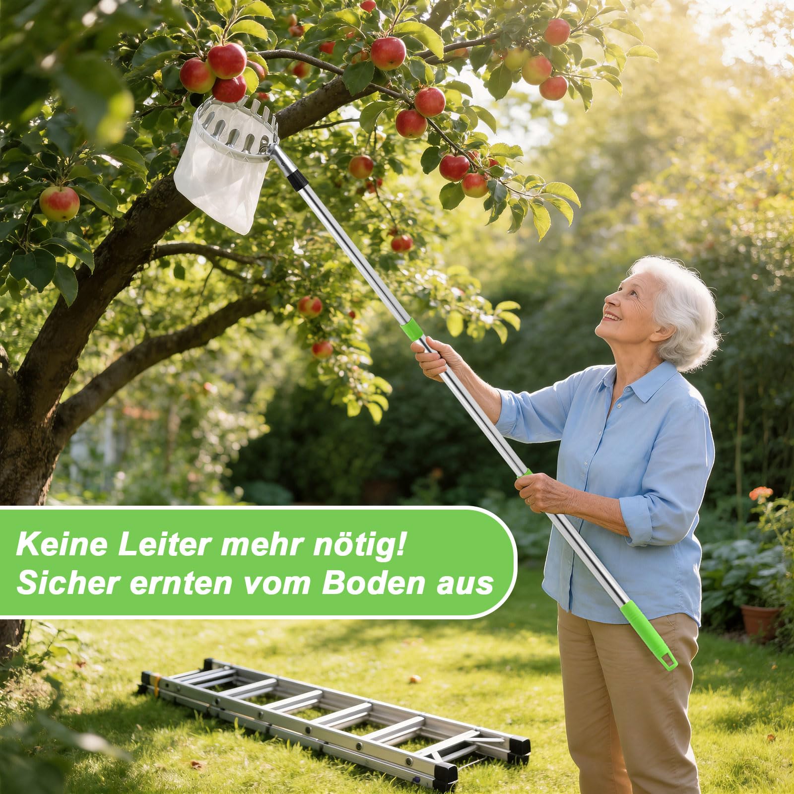 Obstpflücker 4.2m, 10-teilig Teleskop Fruchtpflücker Set mit Sammelbeutel, Erweiterbare Obstsammler für Äpfel, Orangen, Trauben | Mit Sammelbeutel, Erweiterbar, Für Äpfel, Orangen, Trauben