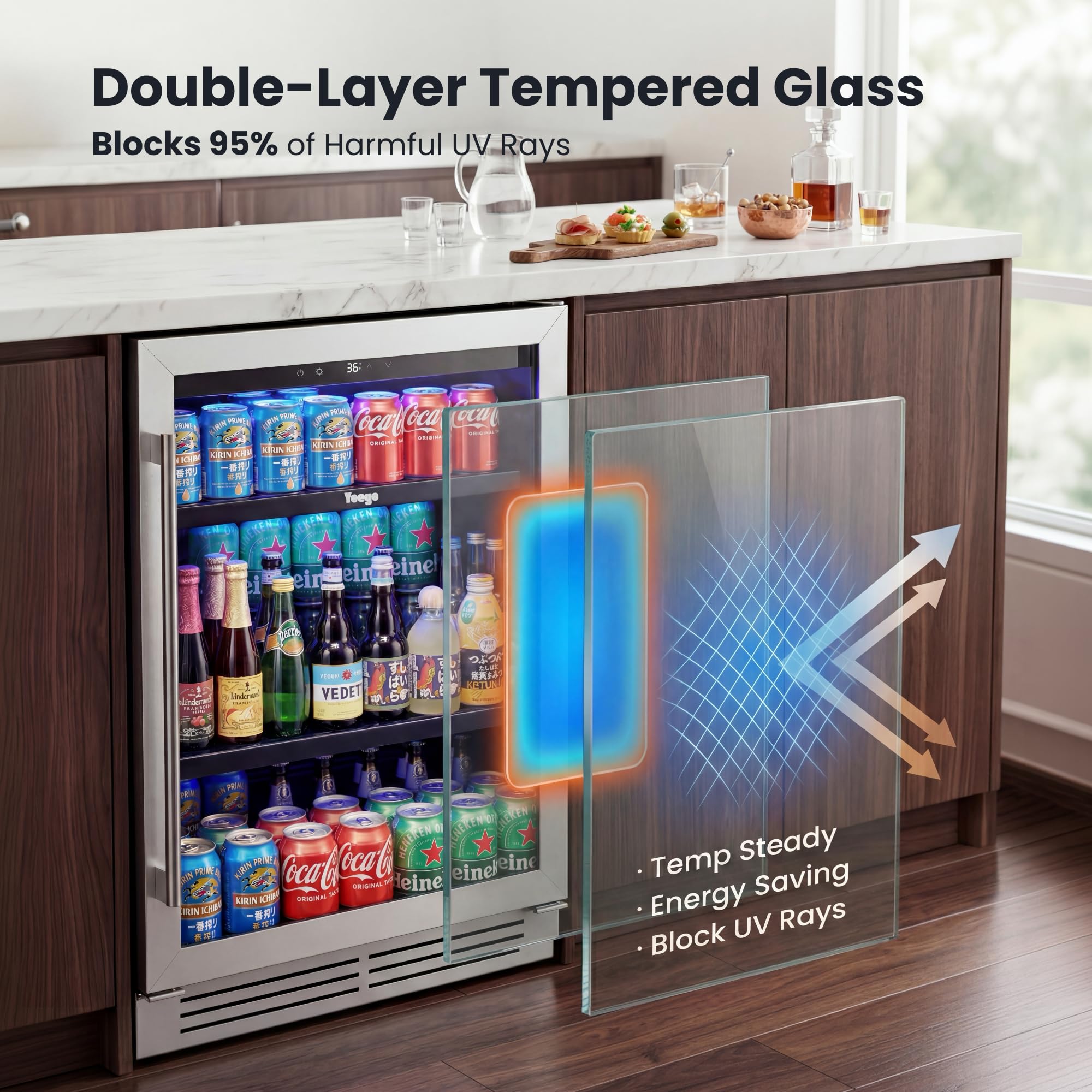 YEEGO Beverage Refrigerator & Drink Fridge - 24 Inch 180 Cans Beer Cooler Glass Door, 34-54℉ Under Counter Refrigerator Built-In For Drink Soda Wine For Bar Office Bedroom on Fridge.com - View 6