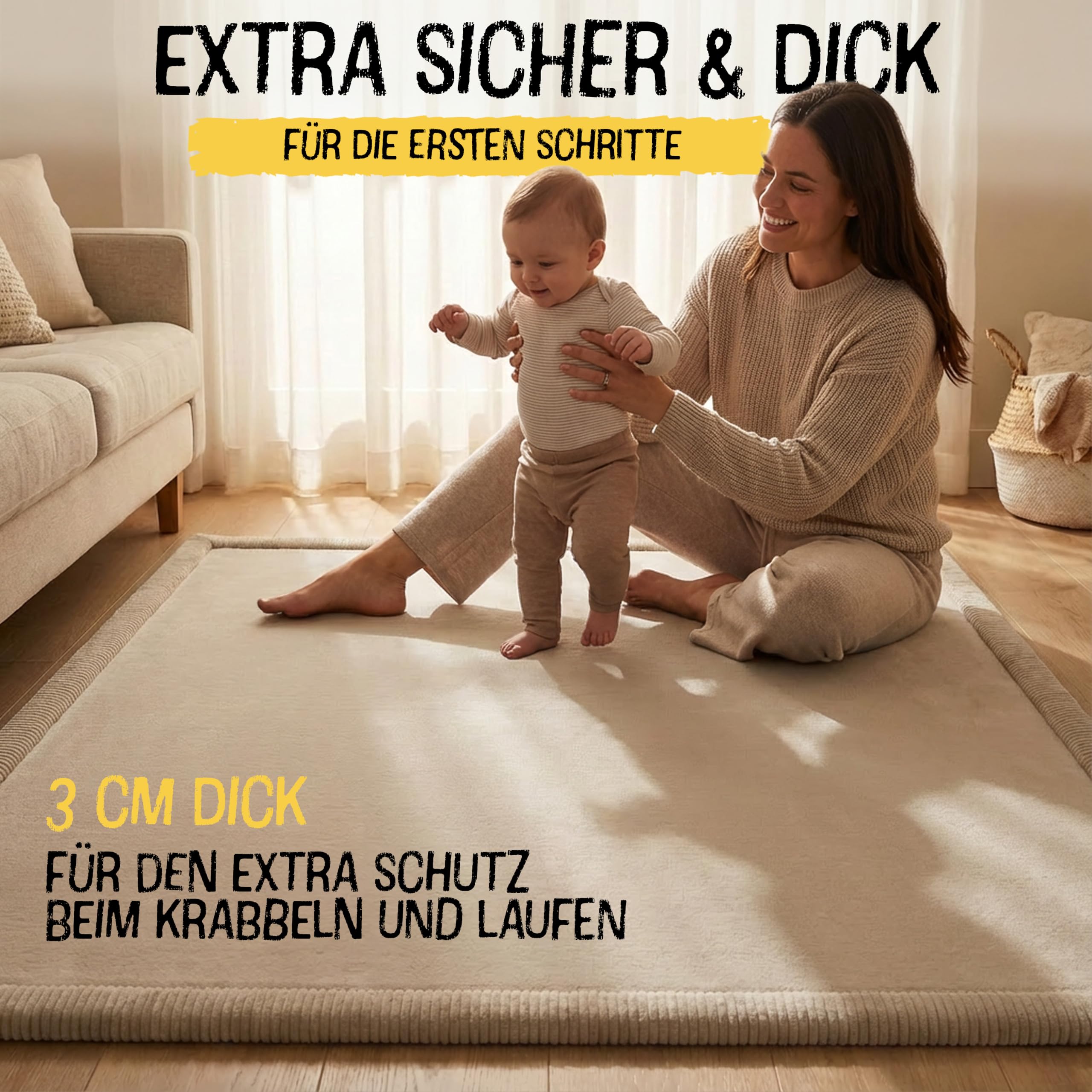 FRIEDO Krabbelmatte Baby I ÖKOTEX Zertifiziert I 160x230cm beige I Extra dick und weiche Spielmatte, Spielteppich I Rutschfester, wasserabweisender Teppich für Wohn und Kinderzimmer I Tatami Matte