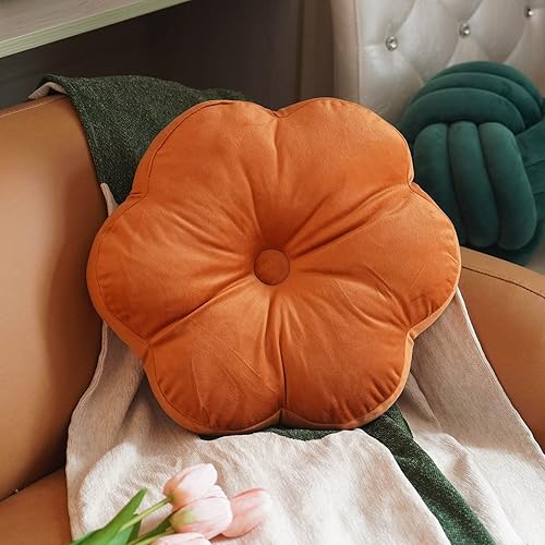 ARTMAGIC Cojín decorativo de terciopelo en forma de flor, ultra suave, bonita almohada de suelo para sofá y cama, color naranja quemado, 16 x 16