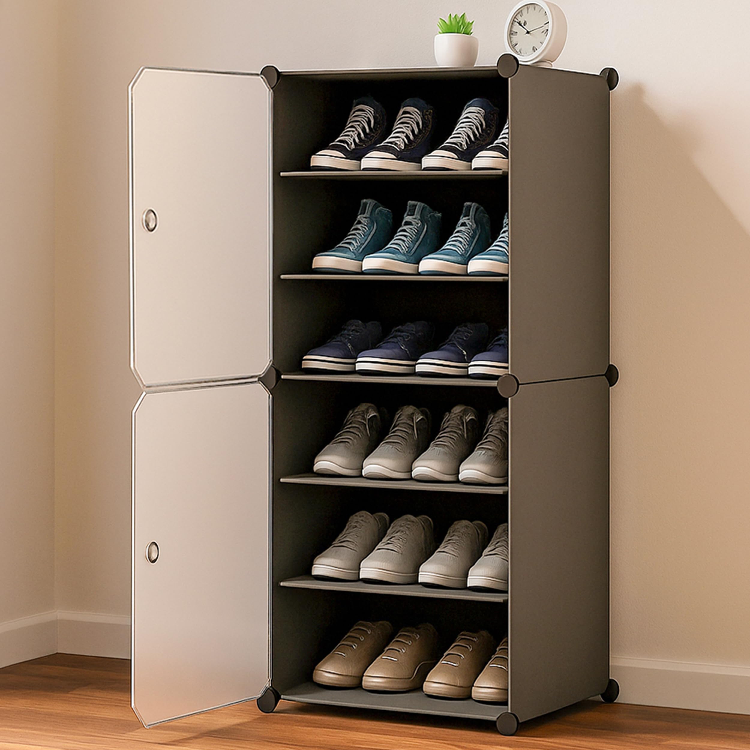 Oumffy Plastic Shoe Rack for Home | 𝟔 𝐋𝐚𝐲𝐞𝐫 Shoe Organizer Cabinet with 𝟐 𝐃𝐨𝐨𝐫𝐬 | Dustproof Shoe Storage Rack for Entryway, Bedroom & Living Room | Space Saving Multipurpose Stand | Grey