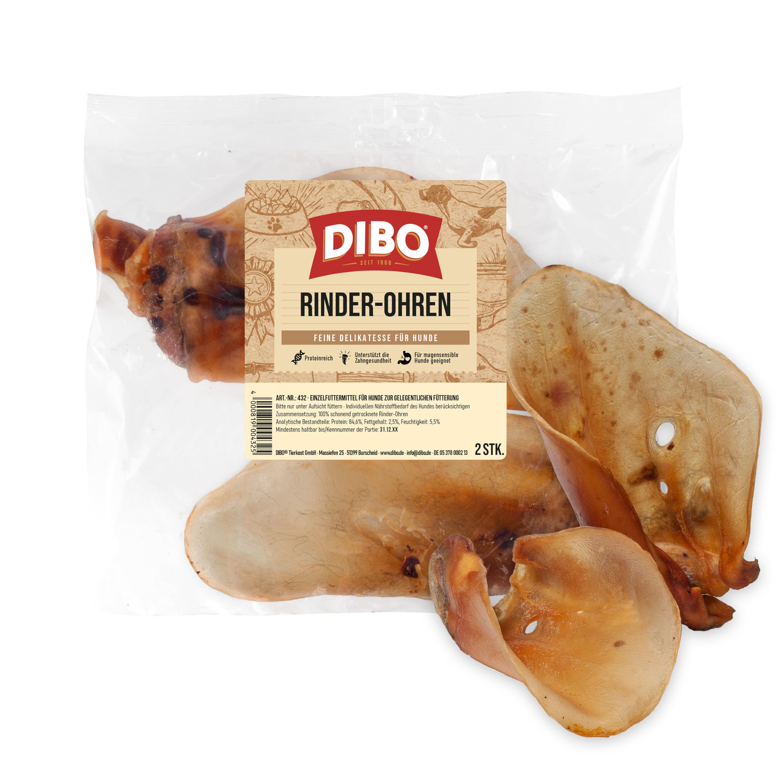 DIBO Rinderohren, 2 Stück im Beutel, der kleine Naturkau-Snack oder Leckerli für Zwischendurch, Hundefutter, Qualitätskauartikel ohne Chemie von DIBO