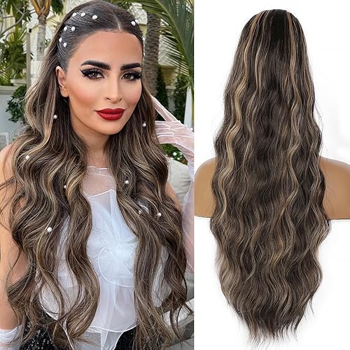 Ponytail Extension,Drawstring Ponytail Hair Extensions for Women,Long Body Wave Synthetic Pony Tails Hair Extensions Clip in Hairpieces (26 Inch, Deep Brown with Dirty Blonde)