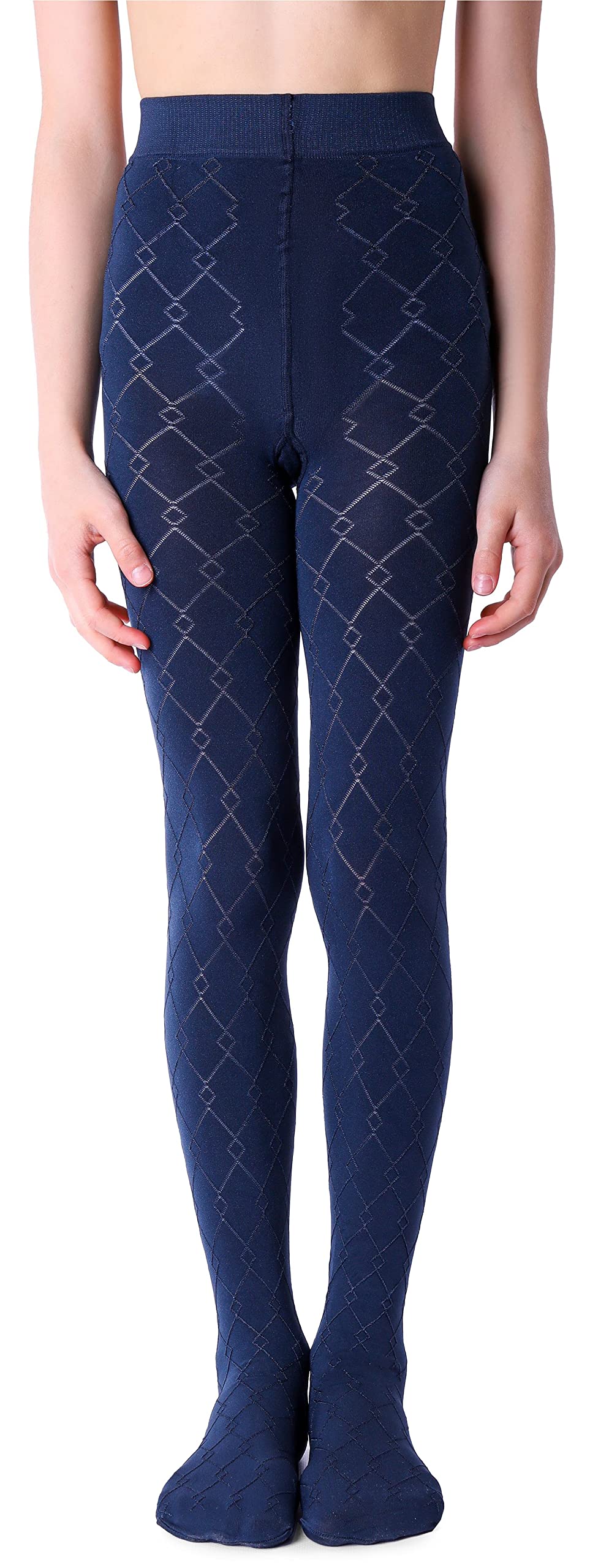 NOQ Girls Tights with 3D Effect Pattern Plain Dance Gymnastic School Pantyhose Fancy Outfit Little Princess, Geo Cosmos Blue 11-12 years (146-152 cm)