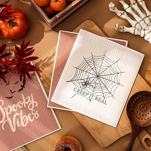 Miniatura 3 de 6 paños de cocina suecos de Halloween, diseño de fantasma, calabaza, esqueleto, reutilizables, lavables, de algodón aterrador, para hornear,