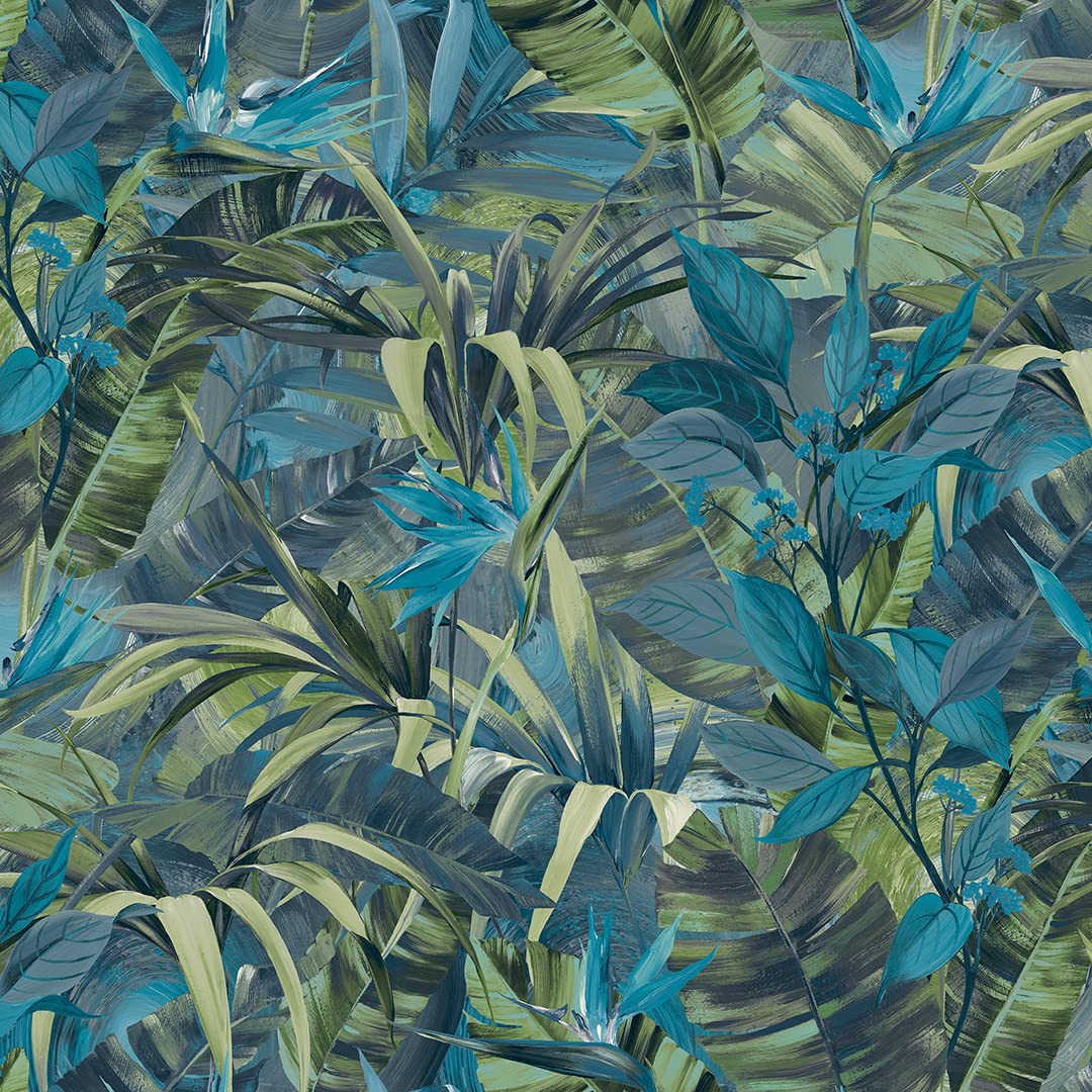 Grandeco Paradise Jungle Painted Flower Blue & Green Textured