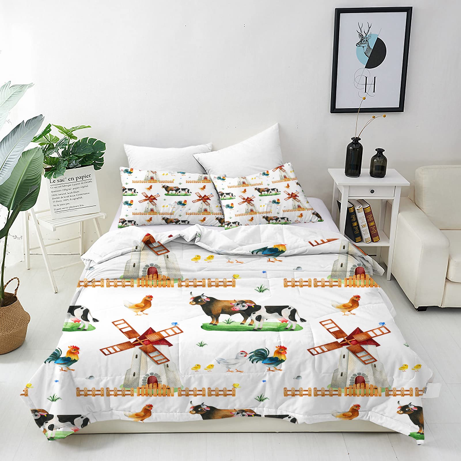 ANHOPE Farm Duvet Cover Set Soft Comforter Cover Windmill Cow Hen Rooster Print Pattern 3 Piece Bedding Set with Pillowcase All Season Quilt Cover with Zipper for Kids Adults Super King Size โ image 1
