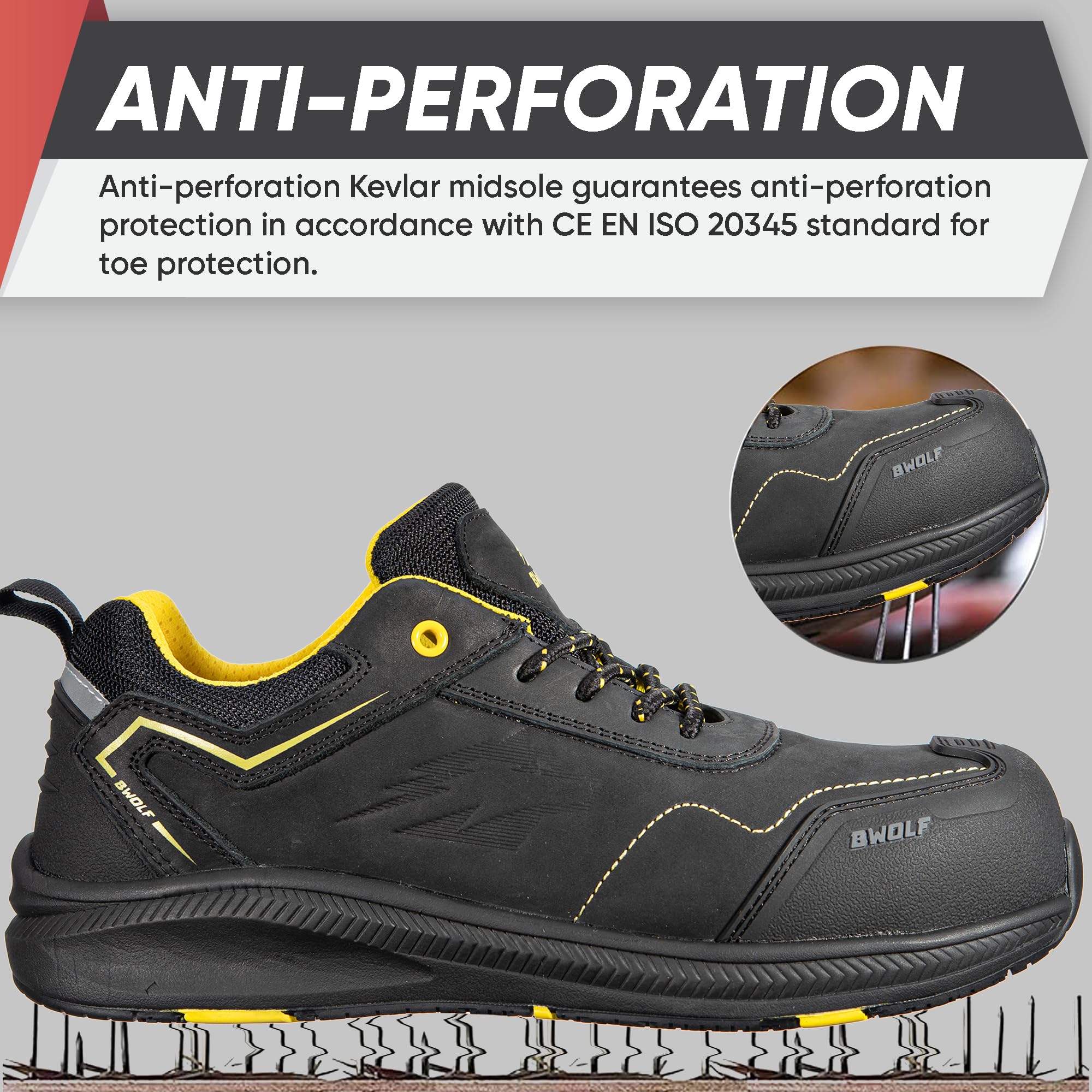 BWOLF Phoenix S3S Arbeitsschuhe Herren S3 Sicherheitsschuhe Herren S3 Nabuk wasserdicht, rutschhemmend 4x4 Grip Tech, Ergo Sohlen (Schwarz, EU Schuhgrößensystem, Erwachsene, Numerisch, M, 44)