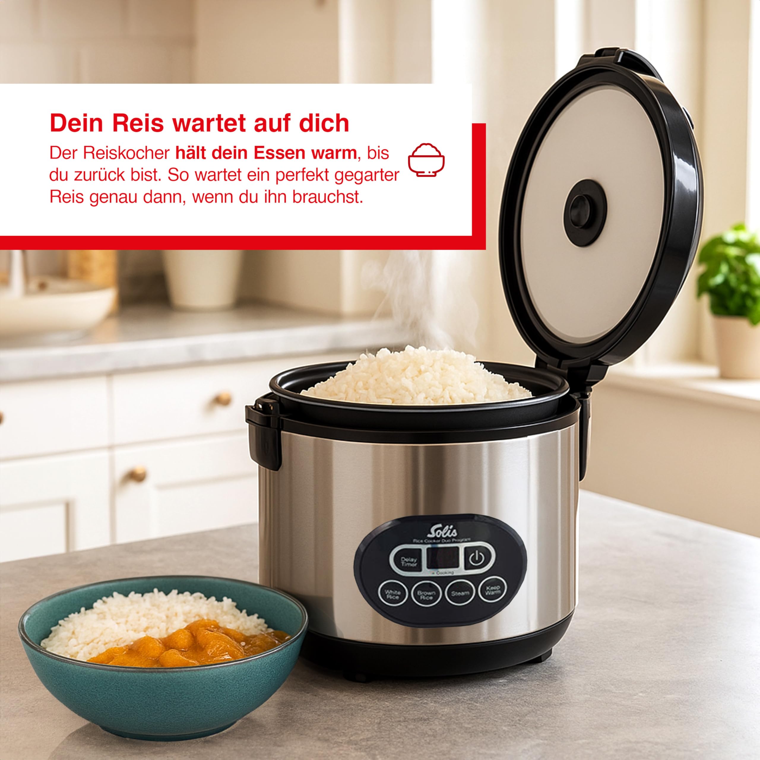 Solis Reiskocher Rice Cooker Duo Program - Reiskocher und Dampfgarer für 6 Tassen Reis - auch für Sushi Reis - Timer - Warmhaltefunktion - Inkl. Messbecher + Schöpflöffel - 1,2 L | Timer, Warmhaltefunktion, Antihaft-Innentopf, PFAS-frei, 500 W