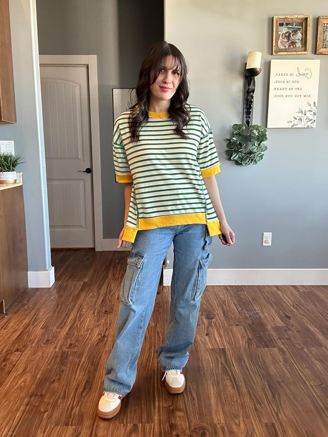 Poetsky Womens Oversized Tops Casual Short Sleeve Striped Shirts Summer Crewneck Pullover Sweatshirt Loose Blouses - Image 6