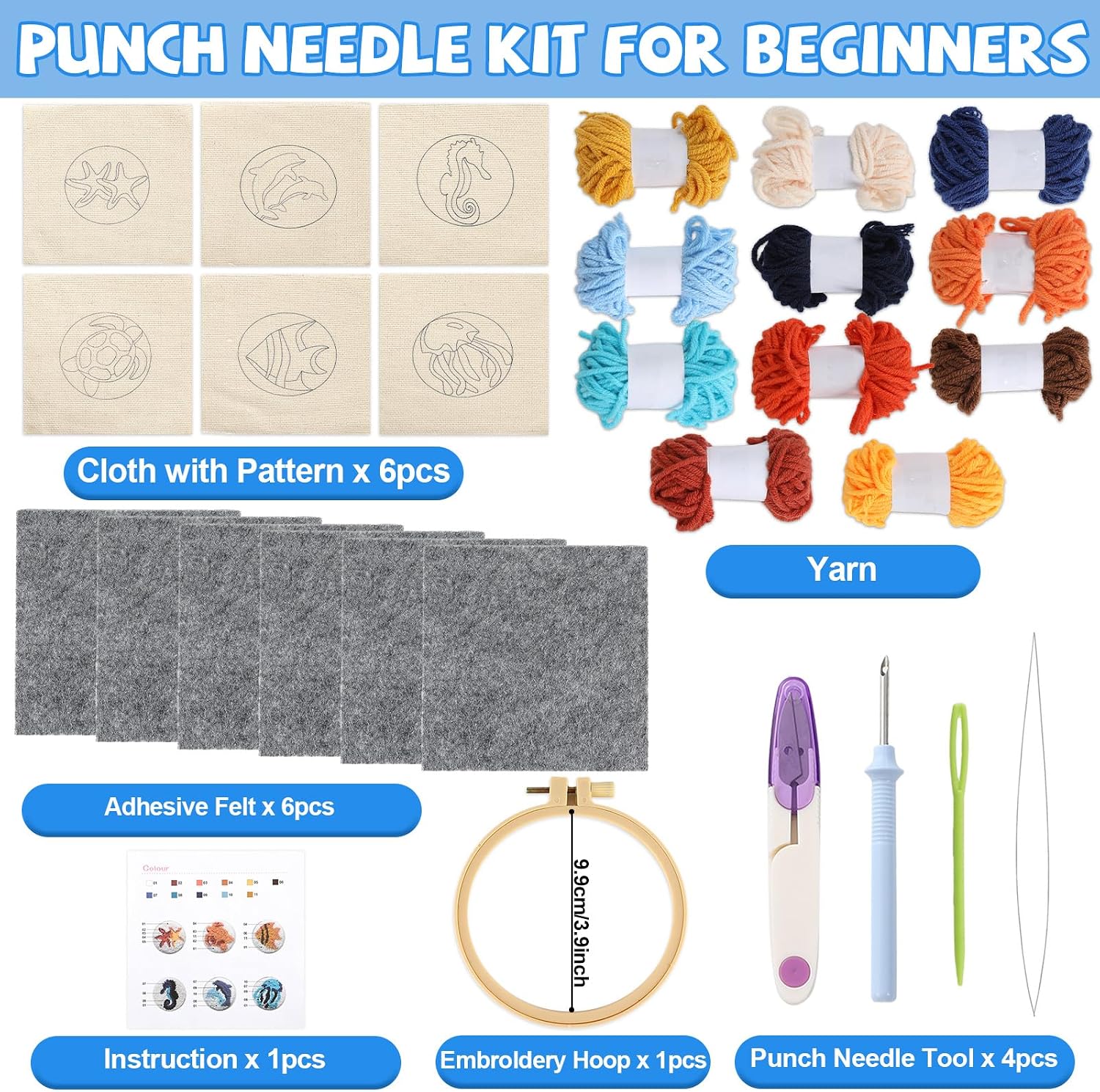 Ocean Punch Needle Coaster Kit for Beginners 6 Sea Animals Design Coasters Easy Punch Needle Embroidery Kit for Adults Kids DIY Tufted Pads with Adhesive Felt Yarns Tools Embroidery Hoop Instruction