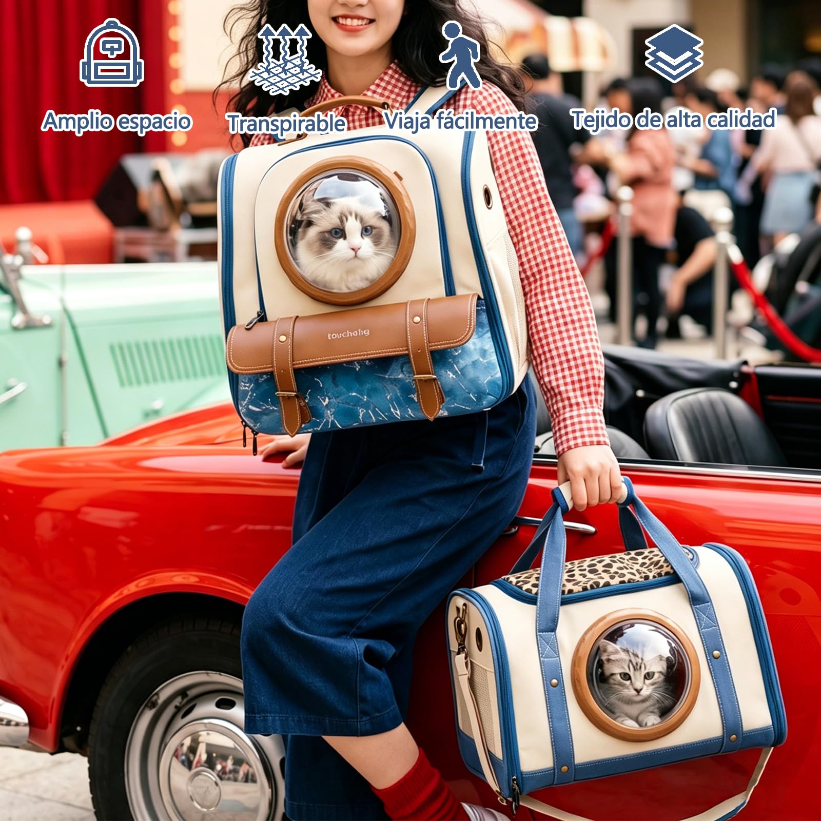 Galatée Transportín para Mascotas, Diseño Panorámico Transparente De 360°, Interior Espacioso, Material 100% Algodón, Correas De Hombro Reforzadas (Estilo Mochila)