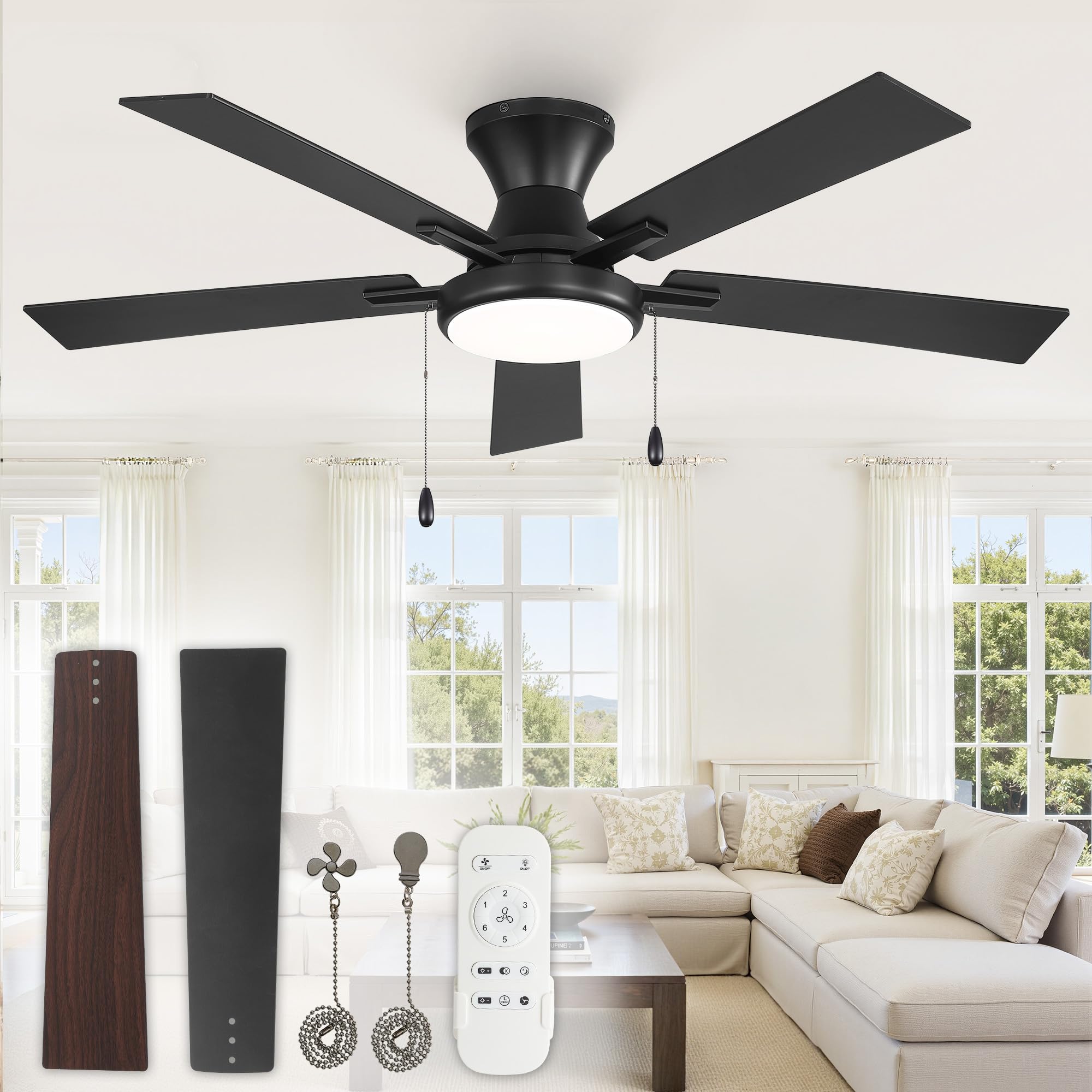 Photo 1 of ZMISHIBO 52inch Ceiling Fans with Lights, Low Profile Ceiling Fan with Pull Chain and Remote Control, Flush Mount, Reversible, Dimmable, Noiseless, Black Pull Cord Ceiling Fan for Bedroom